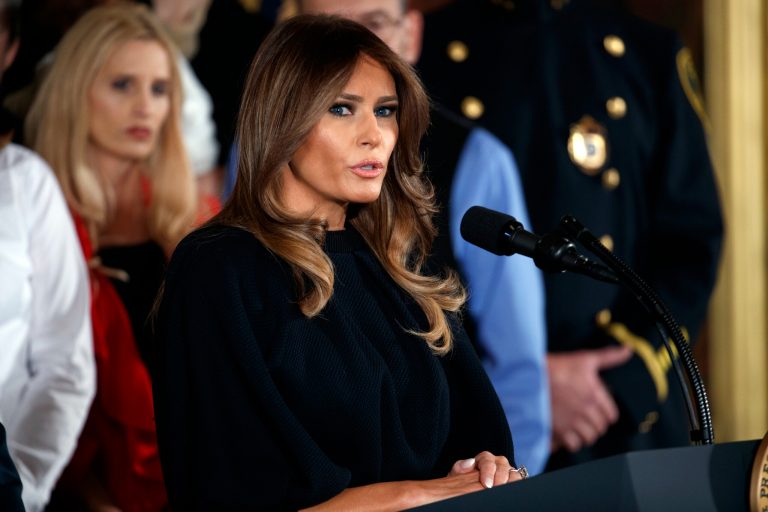 First lady Melania Trump speaks during an event to declare the opioid crisis a national public health emergency in the East Room of the White House, Thursday, Oct. 26, 2017, in Washington. (AP Photo/Evan Vucci)