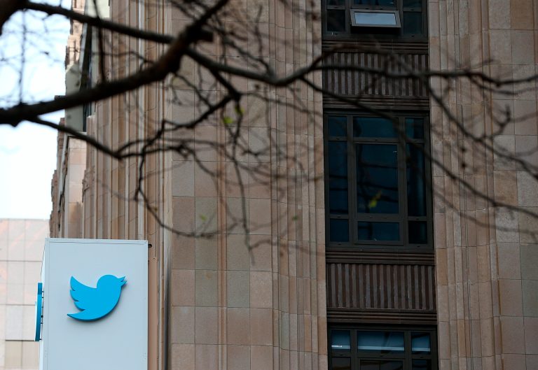 A sign is posted on the exterior of the Twitter headquarters Feb. 5 in San Francisco. (Justin Sullivan/Getty Images)