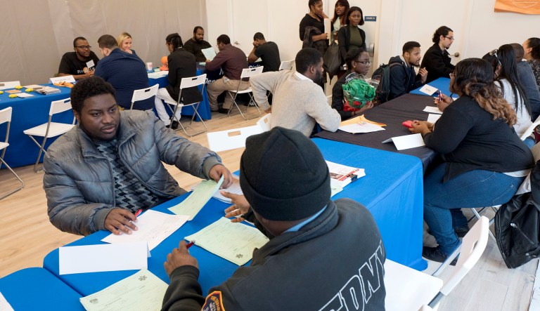 Forecasters expected jobless claims to dip to 246,000, adjusted for seasonal variations, after unexpectedly rising to 257,000 the week before. (AP Photo/Mark Lennihan)