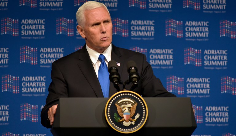 U.S Vice President Mike Pence, gives a speech at the opening session of the Adriatic Charter Summit in Podgorica, Montenegro, Wednesday, Aug. 2, 2017. (AP Photo/Risto Bozovic)