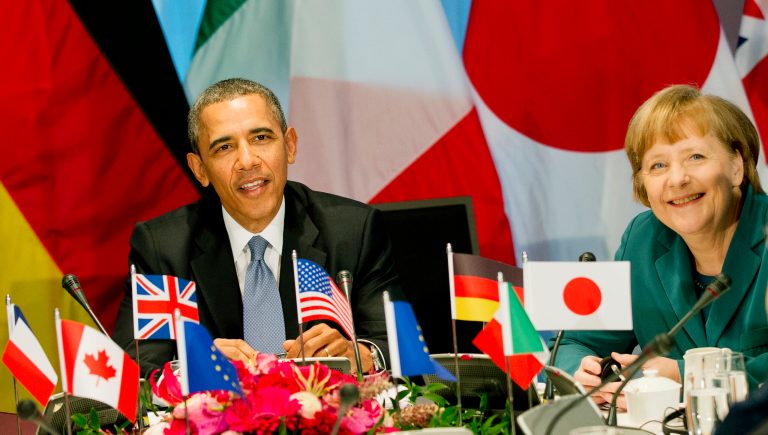 President Barack Obama and German Chancellor Angela Merkel attend a meeting of the G-7 leaders on March 24, 2014 in The Hague, Netherlands. the next G-7 meeting is this weekend in Germany (Photo by Jerry Lampen - Pool/Getty Images)