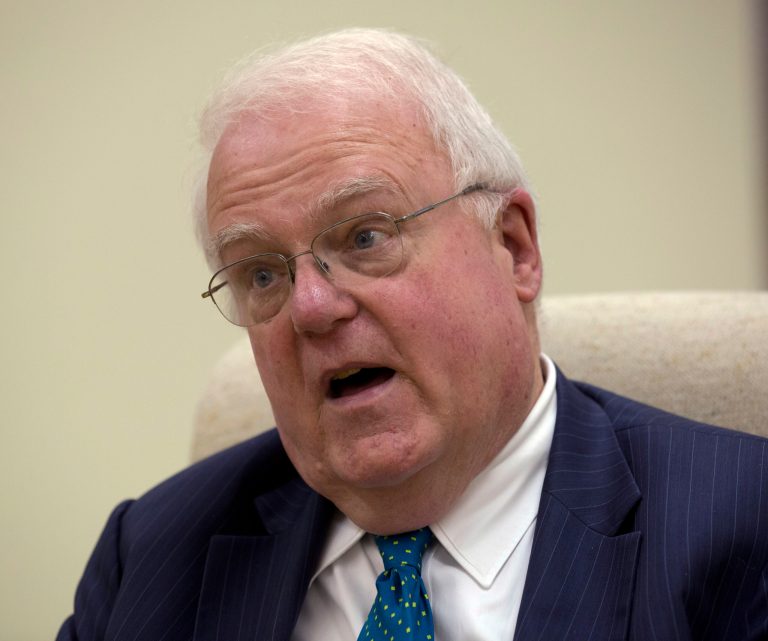 Rep. James Sensenbrenner, R-Wis, right,  speaks at a town hall meeting Sunday, Oct. 27, 2013 in West Bend, Wis. Sensenbrenner gave more surveillance power to U.S. government spies, railed against civil liberties advocates who warned about privacy abuses and even shut down a 2005 hearing to silence critics. Now he wants to scale back some of the counterterror laws he once championed, citing an overreach by the National Security Agency. The Wisconsin Republican plans to offer legislation as early as Oct. 29 to overhaul the NSA. (AP Photo/Jeffrey Phelps)