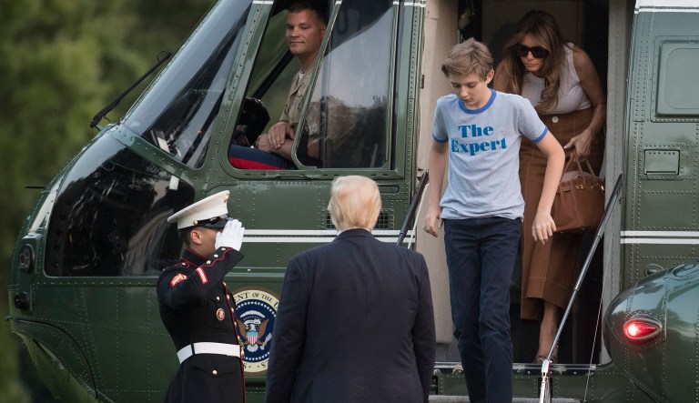 The gray cotton ringer T-shirt gained attention after 11-year-old Barron paired it with dark jeans and sneakers. (AP Photo/Carolyn Kaster)