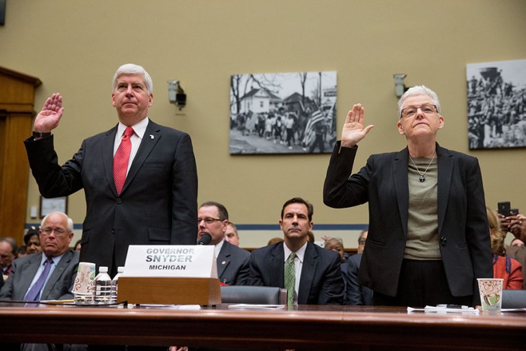 Michigan Gov. Rick Snyder and EPA Administrator Gina McCarthy took turns being blamed by lawmakers for the crisis during a hearing of the House Oversight and Government Reform Committee, when they weren't blaming each other. (AP Photo/Andrew Harnik)
