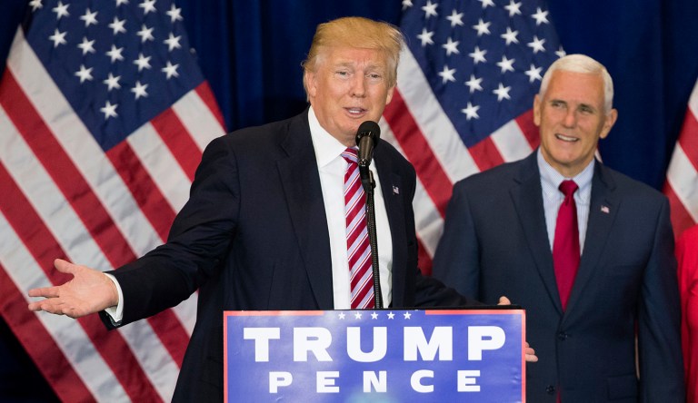 Donald Trump and Mike Pence will hit the campaign trail in North Carolina on Monday. (AP Photo/Evan Vucci)