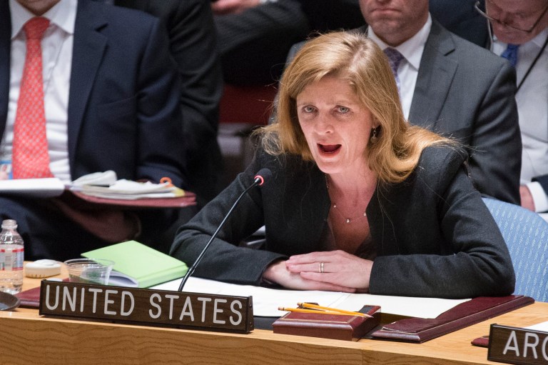 Samantha Power, the United State's ambassador to the United Nations, speaks during an U.N. Security Council emergency meeting called at Russia's request Sunday, April 13, 2014, at United Nations headquarters, to discuss the growing crisis in Ukraine. (AP/John Minchillo)