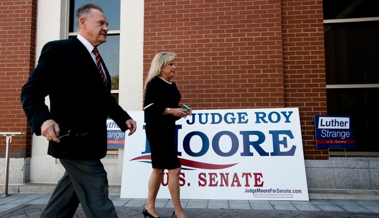 Senior Senate Democrats wary of wasting resources in deep red Alabama might be forced to reconsider after fresh polling showed Doug Jones competitive with Republican Roy Moore (pictured above) in a December special election. (Albert Cesare/The Montgomery Advertiser via AP)