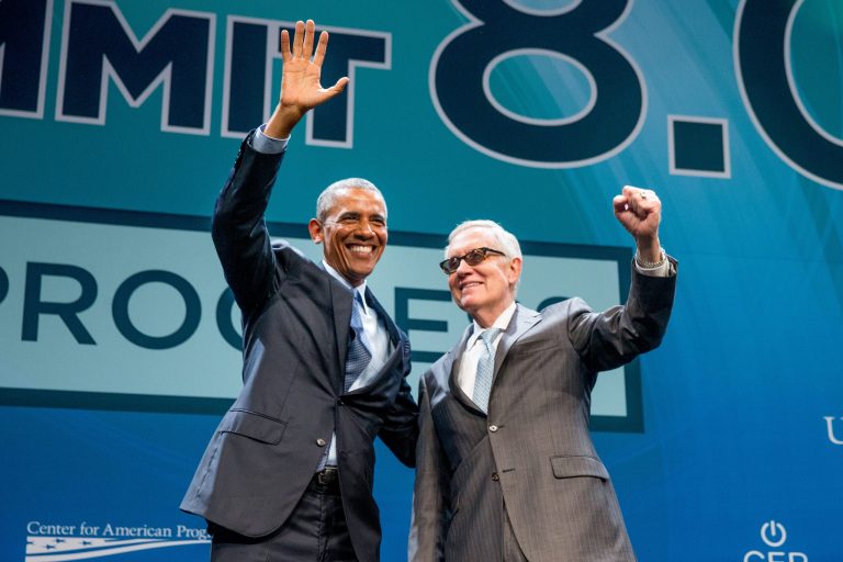 President Obama greets Sen. Reid after giving remarks Monday at the National Clean Energy Summit at the Mandalay Bay Resort Convention Center in Las Vegas. (AP Photo/Andrew Harnik)