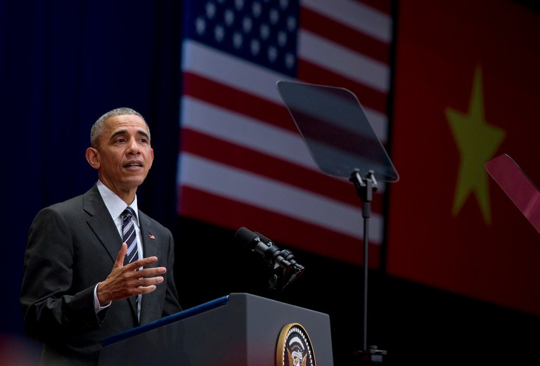 President Obama took his push for closer ties directly to the Vietnamese people, meeting with activists and entrepreneurs and arguing that better human rights would boost the communist country's economy, stability and regional power. (AP Photo/Carolyn Kaster)