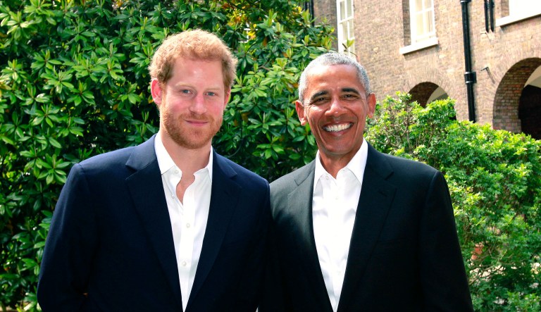 Former President Barack Obama visited Prince Harry on a trip to London in May. (Kensington Palace via AP)