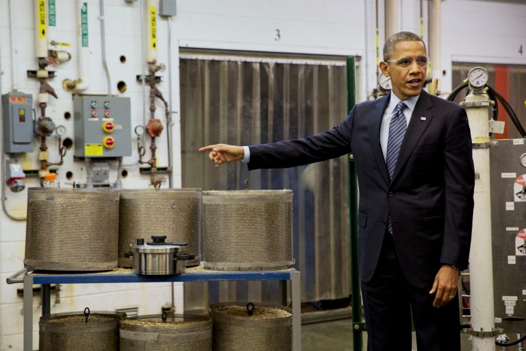 President Barack Obama tours the biomass conversion process area at the Michigan Biotechnology Institute in Lansing, Mich., Friday, Feb. 7, 2014. While in Michigan the president is expected to speak about the farm bill. (AP Photo/Jacquelyn Martin)