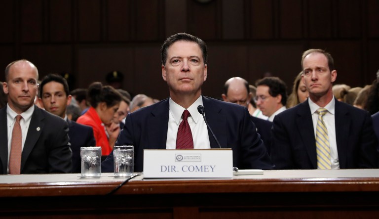 Former FBI director James Comey testifies before the Senate Intelligence Committee hearing on Capitol Hill. (AP Photo/Alex Brandon)