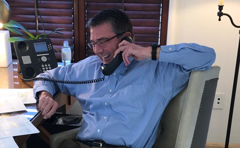 Carter thanked four service members for their service to the country and said he knows how difficult it is to be separated from their loved ones during the holidays. (Department of Defense photo)