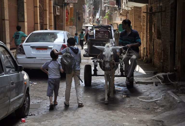 Boys walk by a donkey cart used by a scrap collector making his rounds in Cairo's neighborhood of Dar el-Salam, Egypt, Thursday, May 29, 2014. 