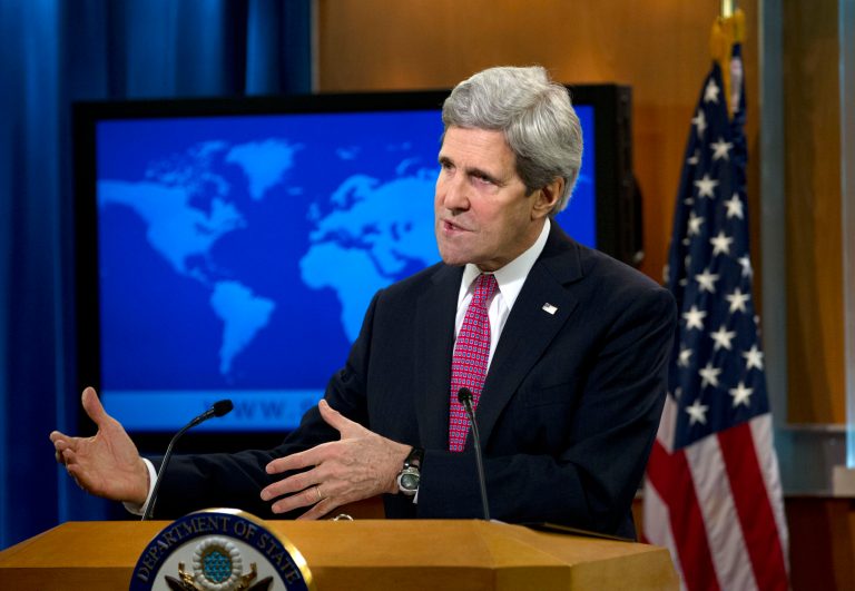 Secretary of State John Kerry speaks about the annual State Department Human Rights report, Thursday, Feb. 27, 2014, at the State Department in Washington. The U.S. says a chemical weapons attack in Syria that the Obama administration says killed more than 1,000 people was the world's worst human rights violation of 2013. An annual State Department report released Thursday also highlights government crackdowns on peaceful protests in Ukraine and Russia's refusal to punish human-rights abusers.  (AP Photo/Jose Luis Magana)