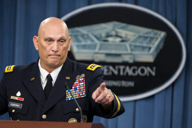 Outgoing Army Chief of Staff Gen. Ray Odierno speaks during his final news briefing, Wednesday, Aug. 12, 2015, at the Pentagon. (AP Photo/Evan Vucci)