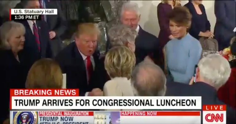 Trump greeted Clinton before lunch at the Capitol. (Screengrab/CNN)