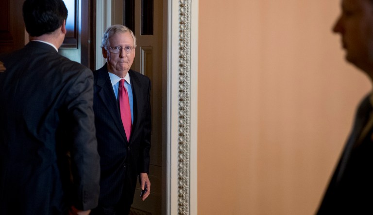 Senate Majority Leader Mitch McConnell, R-Ky., leaves a meeting with President Donald Trump on his tax reform agenda, Capitol Hill in Washington, Tuesday, Oct. 24, 2017.
