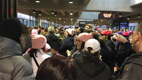 Social media was abuzz all morning Saturday with pictures and videos of Metro stations and trains all over the D.C.-Metropolitan area packed with people. (Photo courtesy of C-SPAN's Emmanuel Touhey, via Twitter)