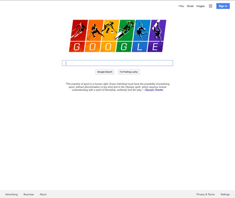 This screen shot shows the home page Google.com. With the Winter Games underway Friday Feb. 7, 2014 in Sochi, Google Inc. quietly but vibrantly added its voice Thursday to the chorus of U.S. companies speaking out against Russia's law restricting gay-rights activities by updating its iconic search page logo to depict illustrations of athletes skiing, sledding, curling and skating against a rainbow-colored backdrop. (AP Photo/Google.com)