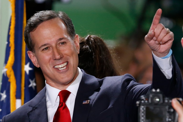 Former U.S. Sen. Rick Santorum announces his candidacy for the Republican nomination in the 2016 presidential race on Wednesday, May 27, 2015 in Cabot, Pa. (AP Photo/Keith Srakocic)