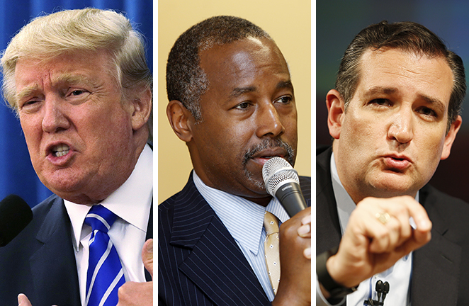 Donald Trump is leading the poll with 25 percent of Republican primary voters favoring his candidacy, followed by Dr. Ben Carson with 12 percent and Sen. Ted Cruz, garnering 10 percent. (AP photos)