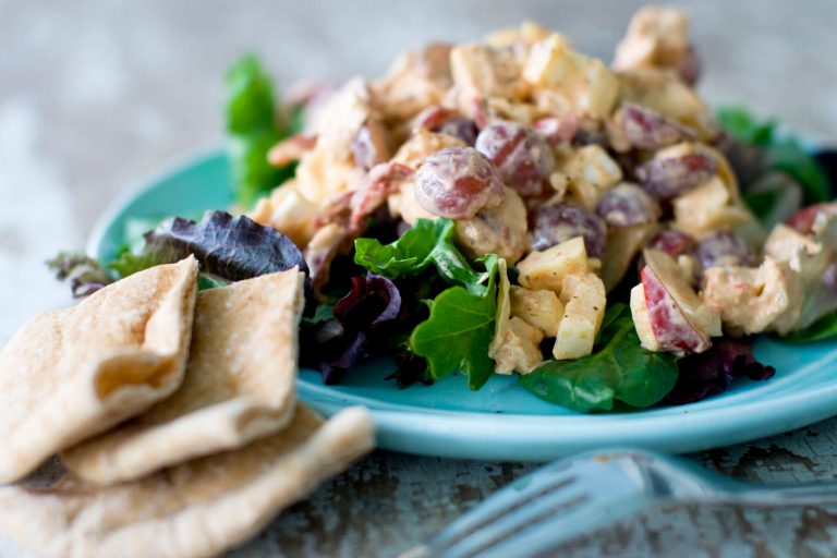  This image taken on May 23, 2012 in Concord, N.H. shows a recipe of tangy grilled chicken salad made with non-fat Greek yogurt. (AP Photo/Matthew Mead)  