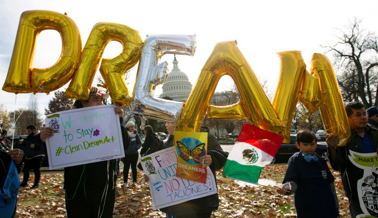 Demonstrators hold up balloons during an immigration rally in support of the Deferred Action for Childhood Arrivals, and Temporary Protected Status programs. President Trump said Sunday that DACA is 