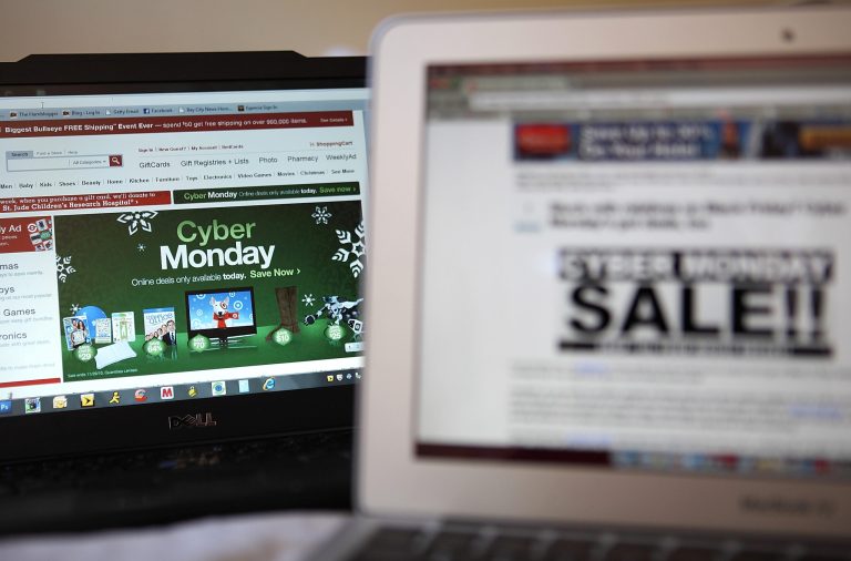In this photo illustration, an ad seen on the Target website for a Cyber Monday sale is displayed on laptop computers on November 29, 2010 in San Anselmo, California. (Photo Illustration by Justin Sullivan/Getty Images)