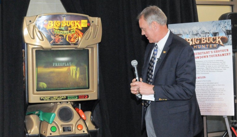 Zinke posted the tweet with a photo of him standing by the 17-year-old arcade-style video game. (@SecretaryZinke/Twitter)
