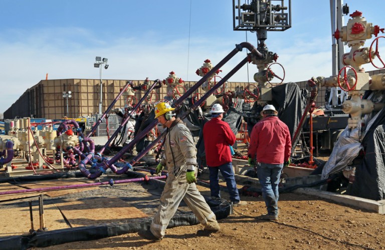States and industry groups filed initial court briefs late Friday backing their lawsuits against the Department of Interior's fracking rules that went into effect last year. The groups argue that the agency's Bureau of Land Management is overstepping its authority in regulating the drilling process on federal land. (AP Photo/Brennan Linsley/File)
