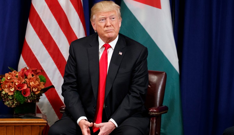 President Donald Trump listens during a meeting with Jordan's King Abdullah II at the Palace Hotel during the United Nations General Assembly, Wednesday, Sept. 20, 2017, in New York. (AP Photo/Evan Vucci)
