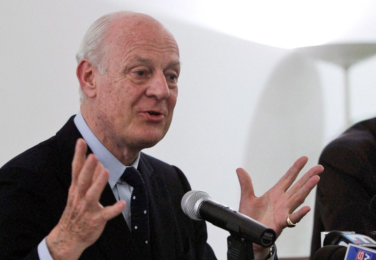 FILE - In this March 22, 2013, file photo, Staffan De Mistura, Italy's then-foreign ministry undersecretary, speaks during a news conference in New Delhi, India. Mistura has been chosen by U.N. Secretary-General Ban Ki-moon to replace Lakhdar Brahimi as the international point man on Syria, diplomats said Wednesday, July 9, 2014. (AP Photo/File)