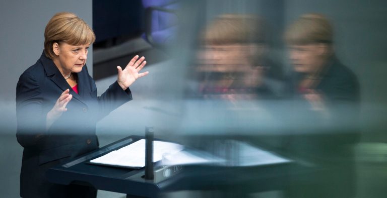   German Chancellor Angela Merkel delivers her speech prior to the upcoming G20 summit at the Bundestag in Berlin, Germany, Thursday, June 14, 2012. Merkel acknowledged Thursday that Europeâs lingering debt crisis will dominate this weekendâs summit of the worldâs 20 most important economies in Mexico, while reiterating her conviction that the crisis can only be solved through a combination of fiscal tightening and structural reforms. (AP Photo/Markus Schreiber)  