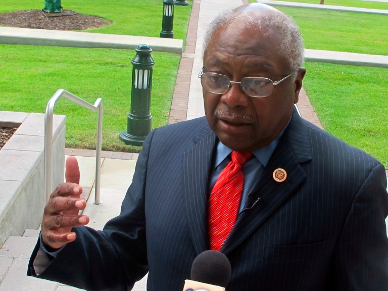 Rep. Jim Clyburn, D-S.C., speaks with reporters at the Medical University of South Carolina in Charleston, S.C., on Tuesday, Aug. 27, 2013. (AP Photo/Bruce Smith)