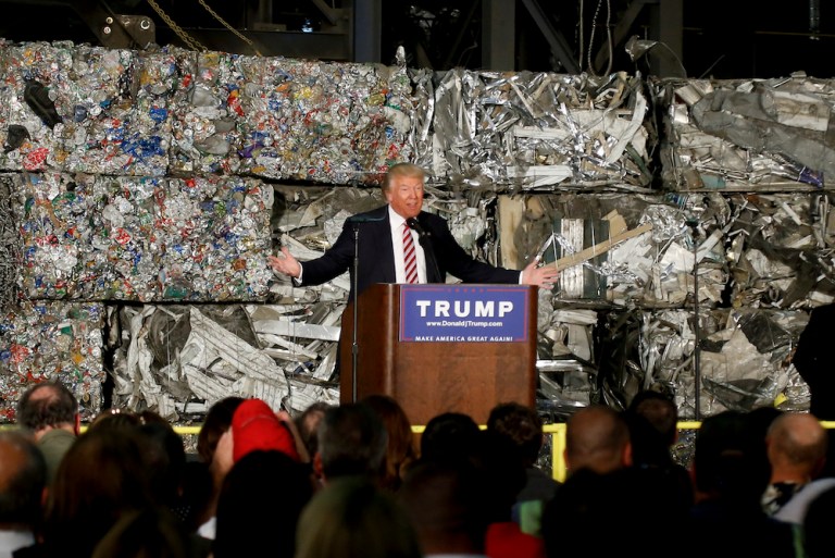 The Twittersphere was focused only on one thing: What was going on with the garbage backdrop? (AP Photo/Keith Srakocic)