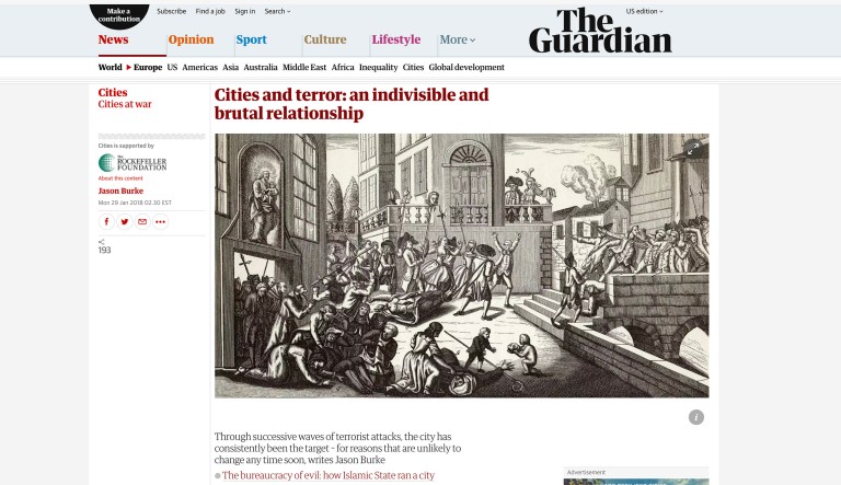 Late last month, when the Guardian published a major 2,200-plus-word article exploring the history of urban terrorism, there was not a single mention of the many recent acts of terror experienced by Israelis. (screenshot)