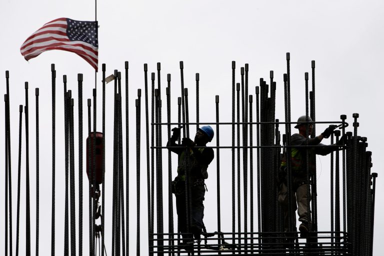 Rodbusters install rebar on the new Comcast Innovation and Technology Center under construction, in Philadelphia. The Commerce Department releases first-quarter gross domestic product on Friday, May 29, 2015. (AP Photo/Matt Rourke, File)