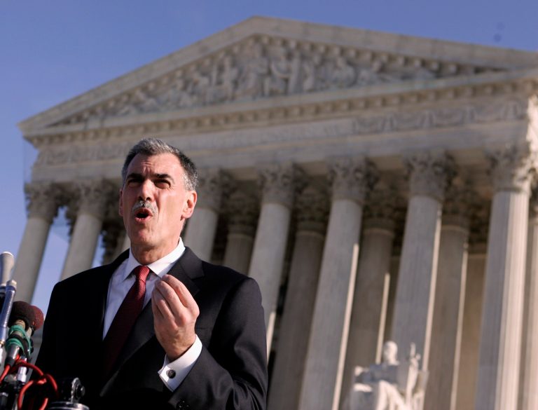 In this AP file photo, Solicitor General Donald Verrilli Jr. speaks in front of the Supreme Court. Verrilli, arguing National Labor Relations Board v. Noel Canning on behalf of the Obama administration, warned that ruling against the NLRB would cast a legal cloud over hundreds of rulings by the board, which resolves complaints of unfair labor practices and conducts elections for labor union representation. (AP Photo/Evan Vucci, File)