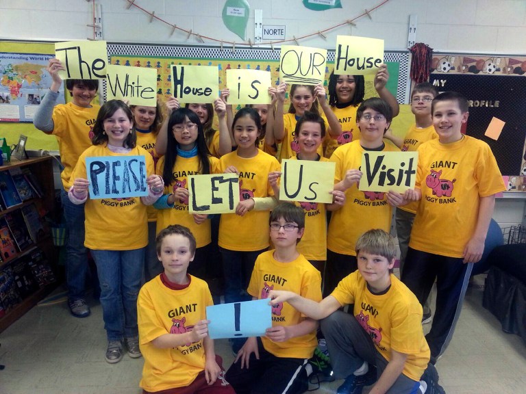 6th grade students at St. Paul's Lutheran School in Waverly, Iowa, pose for a photo on March 6, 2013. The class had their upcoming visit canceled as the White House suspended all tours under across-the-board government spending cuts in a partisan budget battle. The disappointed class put a video on Facebook asking for the tour to be reinstated. 