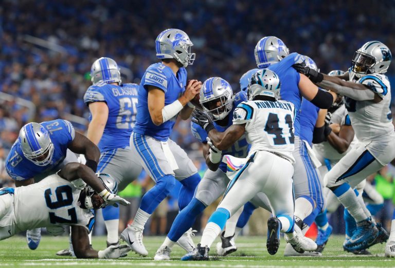 Detroit Lions quarterback Matthew Stafford (9) looks downfield during the second half of an NFL football game against the Carolina Panthers, Sunday, Oct. 8, 2017, in Detroit. (AP Photo/Paul Sancya)