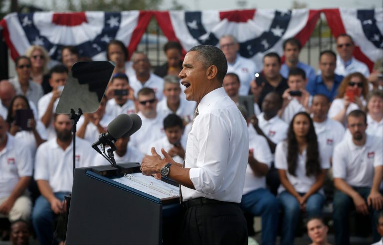 President Barack Obama speaks about the government shutdown and debt ceiling during a visit to M. Luis Construction, which specializes in asphalt manufacturing, concrete paving, and roadway reconstruction, Thursday, Oct. 3, 2013, in Rockville, Md. (AP Photo/Charles Dharapak)