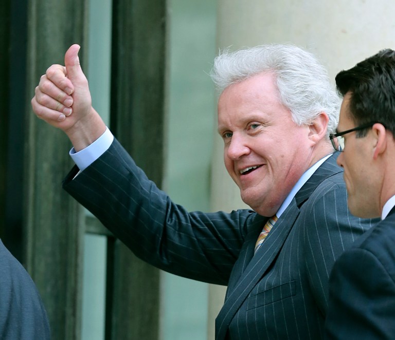 U.S. giant General Electric Co. CEO Jeffrey R. Immelt gives a thumbs up as he arrives at the Elysee Palace for a meeting with French President Francois Hollande in Paris, Wednesday May 28, 2014. General Electric Co. is seeking Franceâs approval for its $17 billion bid to buy Alstom SAâs energy division.(AP Photo/Remy de la Mauviniere)