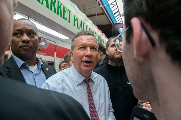 Although the Ohio governor trails the Texas senator and Manhattan businessman in national polls and delegate counts, he is hitting New York hard. (AP Photo/Bryan R. Smith)