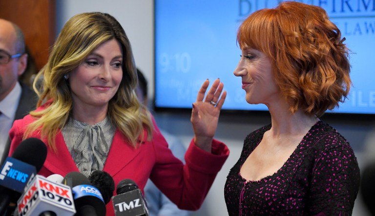 Comedian Kathy Griffin, right, speaks along with her attorney Lisa Bloom during a news conference, Friday, June 2, 2017, in Los Angeles to discuss the backlash since Griffin released a photo and video of her displaying a likeness of President Donald Trump's severed head. (AP Photo/Mark J. Terrill)