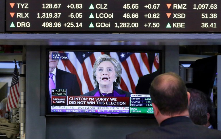 Traders on the floor of the New York Stock Exchange booed Hillary Clinton during her concession speech. (AP Photo/Richard Drew)