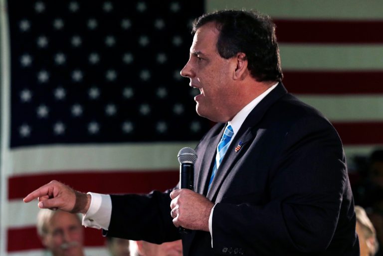 New Jersey Gov. Chris Christie, a likely Republican 2016 presidential candidate, gestures during a town hall type meeting at the Veteran's of Foreign War post in Hudson, N.H., Monday, May 18, 2015. (AP Photo/Charles Krupa)