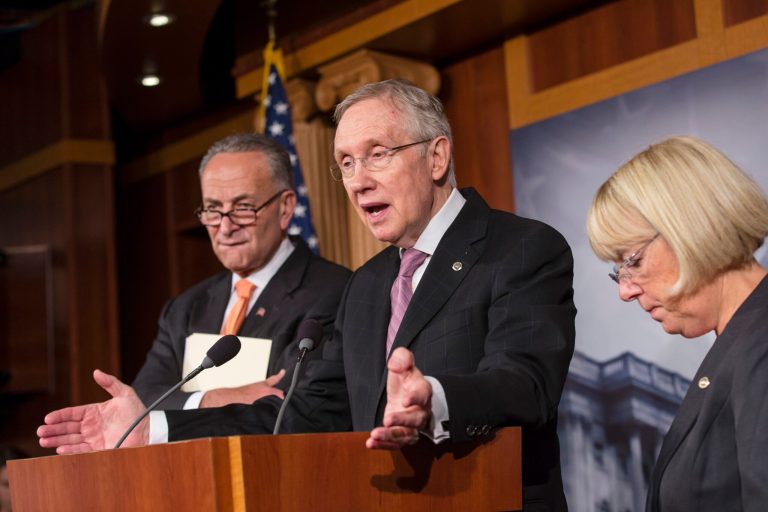 From left, Sen. Chuck Schumer, D-N.Y., Senate Majority Leader Harry Reid, D-Nev., and Sen. Patty Murray, D-Wash., chair of the Senate Budget Committee, arrive to announce to reporters that President Barack Obama has invited the top leaders in Congress to meet with him at the White House to seek a solution to the government shutdown crisis. (AP Photo/J. Scott Applewhite)