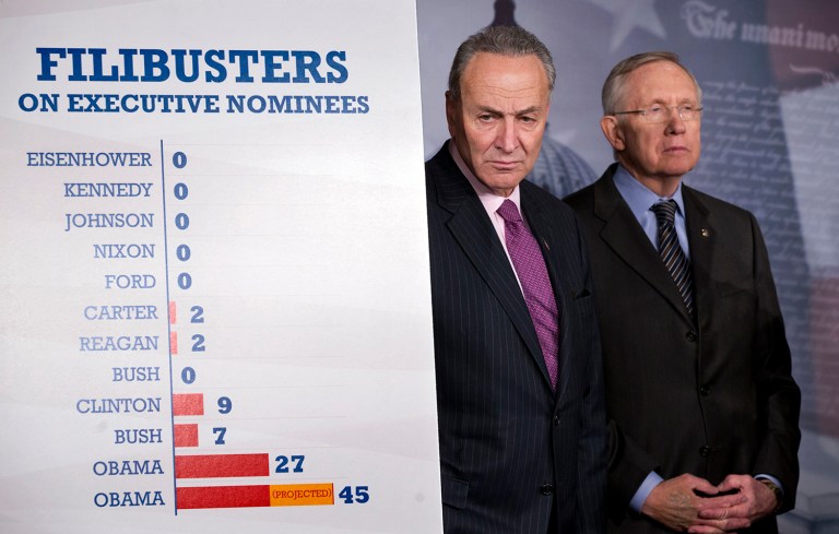 In 2013, Sen. Chuck Schumer, D-N.Y., left, and Senate Majority Leader Harry Reid of Nev. defend the Senate Democrats' vote to weaken filibusters and make it harder for Republicans to block confirmation of the president's nominees for judges and other top posts. (AP Photo/J. Scott Applewhite)