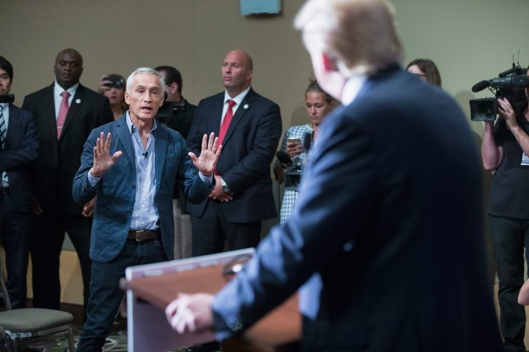 Republican presidential candidate Donald Trump fields a question from Univision and Fusion anchor Jorge Ramos during a press conference held before his campaign event at the Grand River Center on August 25, 2015 in Dubuque, Iowa. (Photo by Scott Olson/Getty Images)